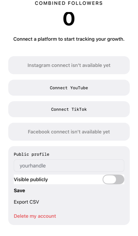 The PixlPack dashboard, showing connect buttons for YouTube, TikTok, Instagram, and Facebook, plus a public profile section
