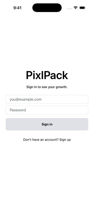 The PixlPack sign-in screen